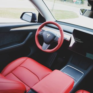 Nappa Leather Steering Wheel Cover Hand Stitched for Model Y - Rolls Royce Red