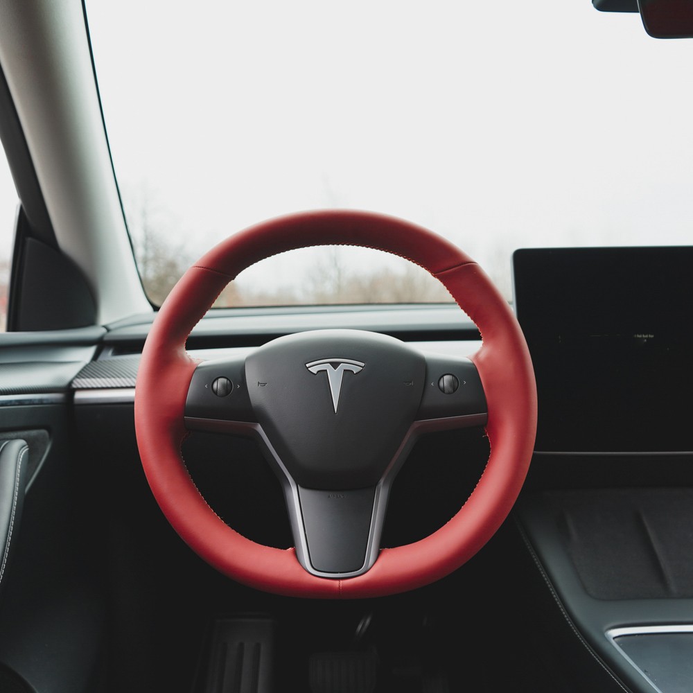 Nappa Leather Steering Wheel Cover Hand Stitched for Model Y - Rolls Royce Red