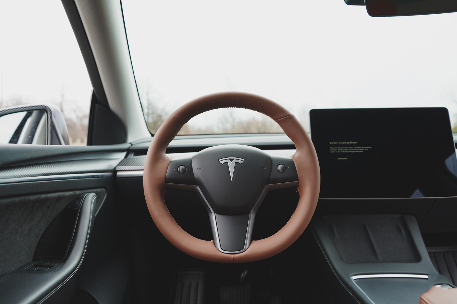 Nappa Leather Steering Wheel Cover Hand Stitched for Model Y - Saddle Tan